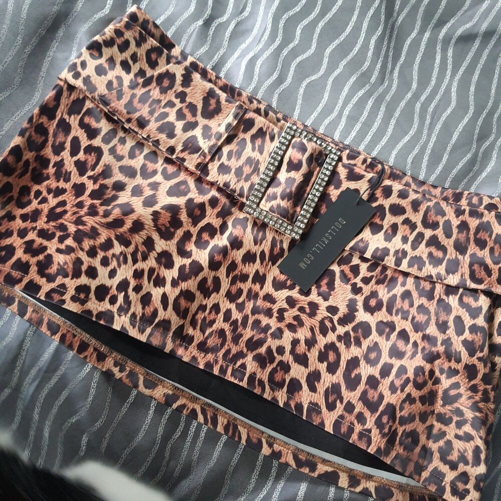 Dolls Kill Gen Kiss Large Leopard Print Satin Mini Skirt Rhinestone Buckle belt